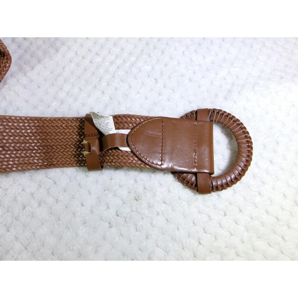 Old Navy Cognac Brown Wide Braided Belt M L Faux Leather Round Buckle Boho Woven